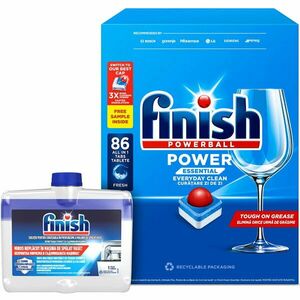 Pachet detergent capsule pentru masina de spalat vase Finish Power Essential, 86 tablete + Solutie de curatare Finish, 250 ml imagine