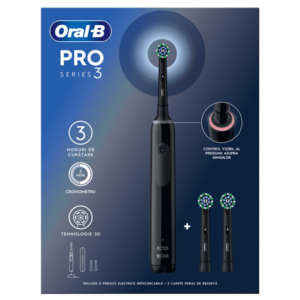 Periuta de dinti electrica Oral-B Pro 3 3500, Curatare 3D, 3 programe, 1 Incarcator, 1 capat, Trusa de calatorie, Negru + 2 capete de periaj imagine