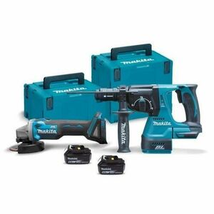 Set 2 unelte Makita DLX2125TJ1, Polizor Unghiular DGA504 + Rotopercutor DHR243 + Incarcator rapid, 2 Acumulatori 18 V 5.0 Ah si 2 valize Makpac imagine