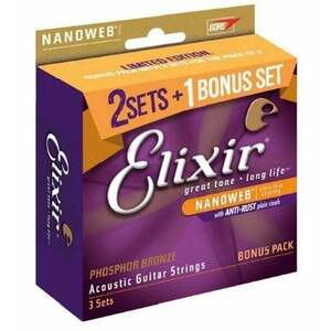 Elixir 16544 Nanoweb Phosphor Bronze Custom Light 11-52 3-PACK Corzi chitare acustice imagine