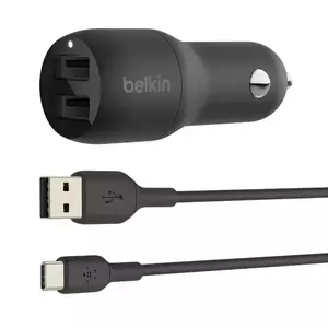 Incarcator Auto Belkin CCE001bt1MBK Dual USB-A 24W Cablu USB-A - USB-C inclus Black imagine