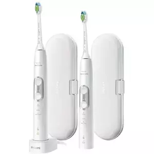 Set 2 Periute de dinti electrice Philips Sonicare ProtectiveClean HX6877/34, 2 manere, 3 moduri, 2 functii BrushSyn, 2 capete de periere, Numar de miscari/minut 62000, senzor de presiune integrat, Alb/Argintiu imagine