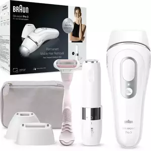 Epilator IPL Braun Silk-expert PRO 3 PL3139 Senzor automat & continuu Skin pro, 300.000 impulsuri, 3 niveluri de intensitate, 100 de impulsuri pe minut, cap de precizie, Trusa de voiaj, Aparat de ras Venus, Mini epilator facial, Alb imagine