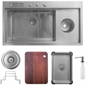 Pachet chiuveta inox SanDonna HD9245 cu dozator detergent, tava resturi, tocator, suport tacamuri, handmade, 920x450x230 mm, Crom satin imagine