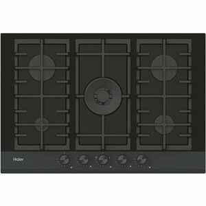 Plita incorporabila Haier HAVG75HB, Gaz, 5 arzatoare, Aprindere electrica, Wok, Gratar fonta, 75 cm, Sticla neagra imagine