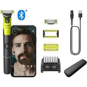 Aparat hibrid de barbierit, tuns barba si parul corporal Philips OneBlade 360 QP4631/65, pieptene reglabil 5 in 1, reincarcabil, conectivitate Bluetooth, umed si uscat, 60 min, toc de transport, lama 360 inlocuibila suplimentara, Verde lime imagine