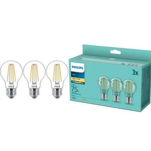 Pachet 3 becuri LED filament Philips, A60, E27, 8.5W (75W), 1055 lm, lumina alba calda (2700K) imagine