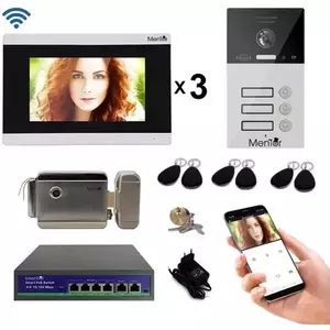 Kit Interfon Video 3 familii wireless WiFi IP65 1.3MP 7 inch Color 4in1 POE RJ45 Tag Mentor SYKT034 imagine