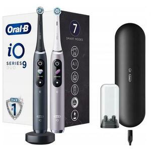 Set 2 x Periuta de dinti electrica Oral-B iO9 cu Tehnologie Magnetica si Micro-Vibratii, Inteligenta artificiala, Display led, Senzor de presiune Smart, Timer vizibil, 7 moduri, 1 incarcator magnetic, 1 Trusa de calatorie cu incarcator (Negru/Roz) imagine