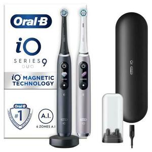 Set 2 Periute de dinti electrice Oral-B iO8 Duo, Tehnologie Magnetica si Micro-Vibratii, Inteligenta artificiala, Display led interactiv, Senzor de presiune Smart, Timer vizibil, 6 moduri, 2 capete, Incarcator magnetic, Trusa de calatorie (Alb/Negru) imagine