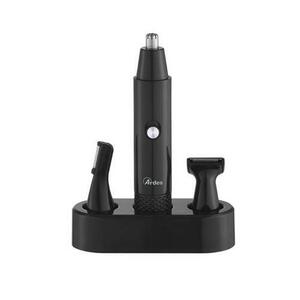 Trimmer 3 in 1 Ardes pentru nas, urechi, barba, sprancene si inghinal, 4 accesorii, 1000 rotatii /min., Lame inox, Cu baterie AA, Baza suport si kit de intretinere (Negru) imagine