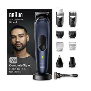 Aparat de ras si tuns Braun 10-in-1 Style Kit MGK7421, Autonomie 100 minute, 13 setari lungime, Rezistent la apa (Albastru) imagine