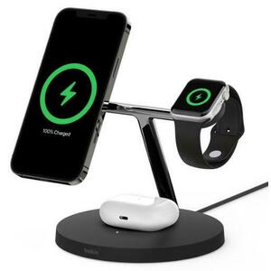 Incarcator Wireless 3-in-1 Belkin Boost Charge Pro, 15W, MagSafe, Stand, AirPods, Apple Watch + Adaptor AC (Negru) imagine