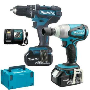 Set Makita DLX2133J, masina de gaurit si insurubat cu percutie Makita DHP482Z + masina de insurubat cu impact Makita DTW251Z, 18 V, acumulator, incarcator (Albastru/Negru) imagine