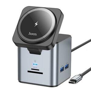 Hub USB-C HOCO HB49, 3 x USB-A 3.0, USB-C, HDMI, RJ45, QI, SD, microSD (Gri) imagine