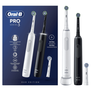 Periute de dinti electrice Oral-B Pro 3 3900 Duopack, 3 moduri periaj, Timer, 2 capete incluse (Alb/Negru) imagine