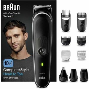 Aparat de tuns multifunctional Braun MGK5440, Wet&Dry, 10-in-1, 2 piepteni ficsi, 3 piepteni, 1 capat, 1 mini aparat de ras, autonomie 100 minute, Saculet de voiaj, Negru/Gri imagine