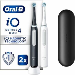 Set 2 x Periuta de dinti electrica Oral-B iO4 cu Tehnologie Magnetica si Micro-Vibratii, Senzor de presiune Smart, 4 moduri, 2 capete, Trusa de calatorie, Alb/Negru imagine