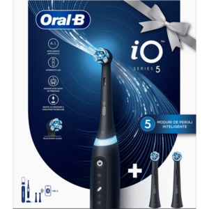 Periuta de dinti electrica Oral-B iO5 cu Tehnologie Magnetica si Micro-Vibratii 80812238, Inteligenta artificiala, Display conversational, Senzor de presiune Smart, 5 moduri, 1 capat, Trusa de calatorie, Negru + 2 capete de periaj imagine