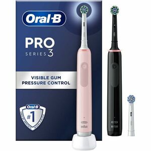 Set 2x Periuta de dinti electrica Oral-B Pro 3 Cross Action, Curatare 3D, 3 programe, 1 capat, Negru/Roz imagine