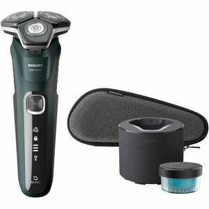 Aparat de barbierit PHILIPS Shaver Seria 5000 S5884/50, barbierit umed/uscat, tehnologie SkinIQ, fara fir, capete flexibile 360°, display LED, senzor Power Adapt, lame auto-ascutire, lama tuns integrata, 60 min, toc de transport, Verde inchis imagine