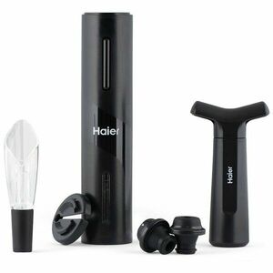 Tirbuson electric Haier HAWUKIT06, plastic, negru, reincarcabil prin USB + dop pentru vidare, turnator de vin, cutter folie imagine