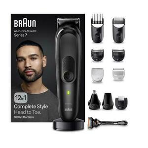 Aparat de tuns multifunctional Braun MGK7460, Wet&Dry, AutoSense, 12-in-1, 2 piepteni ficsi, 4 piepteni, 3 capete, 1 aparat de ras Gillette, autonomie 100 minute, Suport de incarcare, Organizator (Negru) imagine