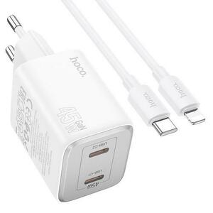 Incarcator Retea Cu Cablu Lightning HOCO N42, 45W, 3A, 2 x USB-C, Alb imagine