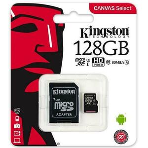 Card de memorie Kingston Canvas Select microSDXC, 128 GB, 80 MB/s Citire, 10 MB/s Scriere, Clasa 10 UHS-I + Adaptor SD imagine