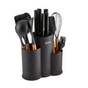 Set cutite si ustensile de bucatarie 14 piese Zass Gourmet ZG-KS 08, Suport cu 3 compartimente, Negru imagine