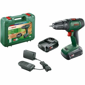 Masina de gaurit si insurubat (bormasina) pe acumulator Bosch UniversalDrill 06039D4001, 18 V, 1.5 Ah, 1450 RPM, 23/32 Nm, 30 mm diametru maxim gaurire, 2 acumulatori, incarcator, cap surubelnita dublu, valiza profesionala imagine