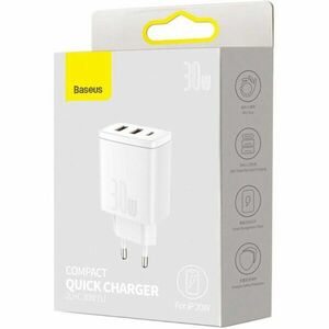 Incarcator retea Baseus Compact, Quick Charger, 30W, 1x USB-C, 2x USB, PD 3.0, Alb imagine