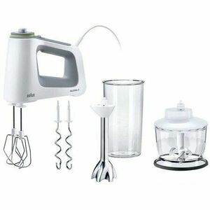 Mixer de mana Braun HM5137WH, 750 W, 9 viteze + Turbo, Pahar gradat 0.6L, Tocator 0.5l, Picior pasator inox, 2 palete, 2 carlige, Alb/Gri imagine