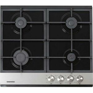 Plita gaz DWHBG-6401BKIXF, comenzi frontale, aprindere buton, sticla neagra, gratar fonta, panou frontal inox, Negru/Inox imagine