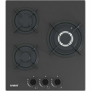 Plita incorporabila Samus PSG-43SMGN1, 3 Arzatoare gaz, Gratare individuale fonta, Latime 45 cm, Aprindere electrica, Sticla Nano neagra mata imagine