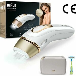 Epilator IPL Braun Silk-expert PRO 5 PL5052 Senzor automat & continuu Skin pro 2.0, 400.000 impulsuri, 10 niveluri de intensitate, 125 de impulsuri pe minut, Trusa de voiaj, Aparat de ras Venus, Alb/Auriu imagine