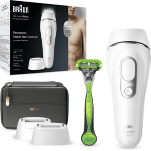 Epilator IPL Braun Silk-expert PRO 5 PL5145 Senzor automat & continuu Skin pro 2.0, 400.000 impulsuri, 10 niveluri de intensitate, 125 de impulsuri pe minut, cap lat, Trusa de voiaj, Aparat de ras Gillette, Alb imagine