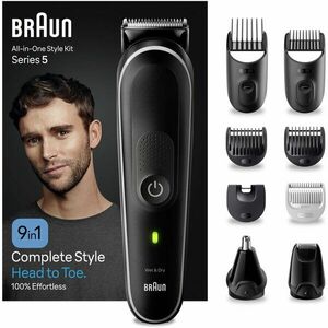 Aparat de tuns multifunctional Braun MGK5420, Wet&Dry, 9-in-1, 2 piepteni ficsi, 4 piepteni, 1 mini aparat de ras, autonomie 100 minute, Saculet de voiaj, Negru/Gri imagine