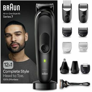 Aparat de tuns multifunctional Braun MGK7460, Wet&Dry, AutoSense, 12-in-1, 2 piepteni ficsi, 4 piepteni, 3 capete, 1 aparat de ras Gillette, autonomie 100 minute, Suport de incarcare, Organizator, Negru imagine