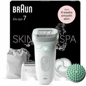 Epilator Braun Silk-épil 7 7-081 SkinSpa, Wet & Dry, MicroGrip, Smart Light, 40 de pensete, 2 viteze, Cap de ras + Pieptene, Cap pentru exfoliere, Cap pentru masaj, Saculet de voiaj, Alb/Gri imagine