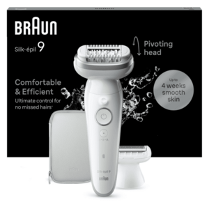 Epilator Braun Silk-épil 9 9-041 Wet & Dry, MicroGrip, Smart Light, 2 viteze, 40 pensete, Cap de ras + Pieptene, 1 capac, Geanta de voiaj, Alb/Argintiu imagine