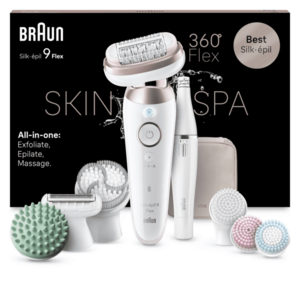 Epilator Braun Silk-épil 9 9-580 Flex 360° SkinSpa, Wet & Dry, Smart Touch, 40 de pensete, 2 viteze, FaceSpa + 4 accesorii, Cap de ras + Pieptene, Cap de masaj, Cap pentru exfoliere, Geanta de voiaj, Alb imagine