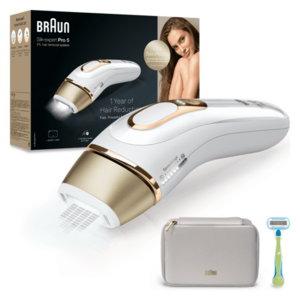 Epilator IPL Braun Silk-expert PRO 5 PL5052 Senzor automat & continuu Skin pro 2.0, 400.000 impulsuri, 10 niveluri de intensitate, 125 de impulsuri pe minut, Trusa de voiaj, Aparat de ras Venus, Alb/Auriu imagine