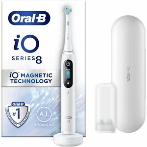 Periuta de dinti electrica Oral-B iO8 cu Tehnologie Magnetica si Micro-Vibratii, Inteligenta artificiala, Display led interactiv, Senzor de presiune Smart, Timer vizibil, 6 moduri, 1 capat, Suport rezerve, Incarcator magnetic, Trusa de calatorie, Alb imagine