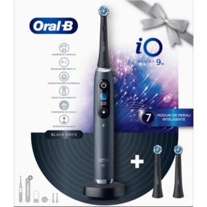 Periuta de dinti electrica Oral-B iO9 cu Tehnologie Magnetica si Micro-Vibratii 80812237, Inteligenta artificiala, Display led, Senzor de presiune Smart, 7 moduri, 1 capat, Suport rezerve, Trusa de calatorie cu incarcator, Negru + 2 capete de periaj imagine