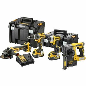 Set de 4 scule profesionale pe acumulator DeWALT DCK422P3T, 18 V, include: masina de gaurit DCD796, masina de insurubat cu impact DCF887, polizor DCG405, ciocan rotopercutor DCH273, 3x acumulator, incarcator rapid, cutii transport TSTAK DS150 + DS300 imagine