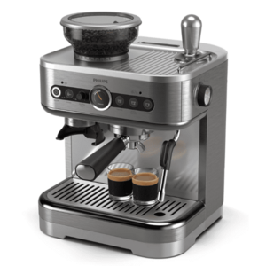 Espressor Philips Barista Brew PSA3218/01 semi-automat cu rasnita conica metalica, 15 bari, Recipient boabe de 250g, Sigiliu premium calibrat, Vas lapte Temperature Perfection, Portfiltru din otel inoxidabil de 58 mm, metalic argintiu imagine