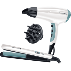 Set cadou Placa de indreptat parul + Uscator de par Remington Shine Therapy S8500GP imagine