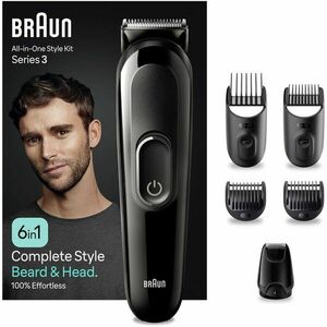 Aparat de tuns multifunctional Braun MGK3410, Wet&Dry, 6-in-1, 4 piepteni, 1 mini aparat de ras, autonomie 50 minute, Negru imagine