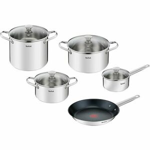 Set 9 piese Tefal Cook Eat, inductie, cratita de 16 cm, oala de 20/22/24 cm, tigaie de 28 cm, 4 capace de sticla, invelis antiaderent Titanium, indicator Thermo-Signal, manere nituite, inox, argintiu imagine